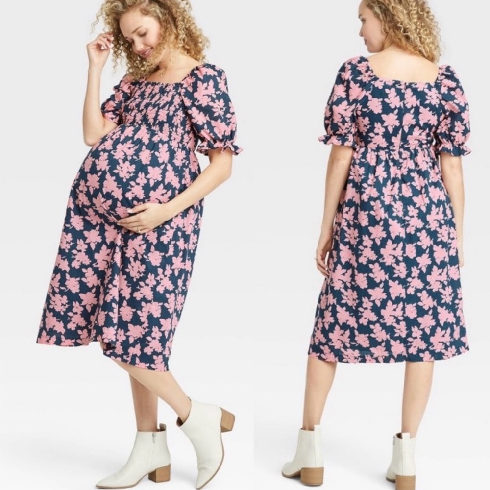 Hatch Navy Blue & Pink Floral Maternity Dress